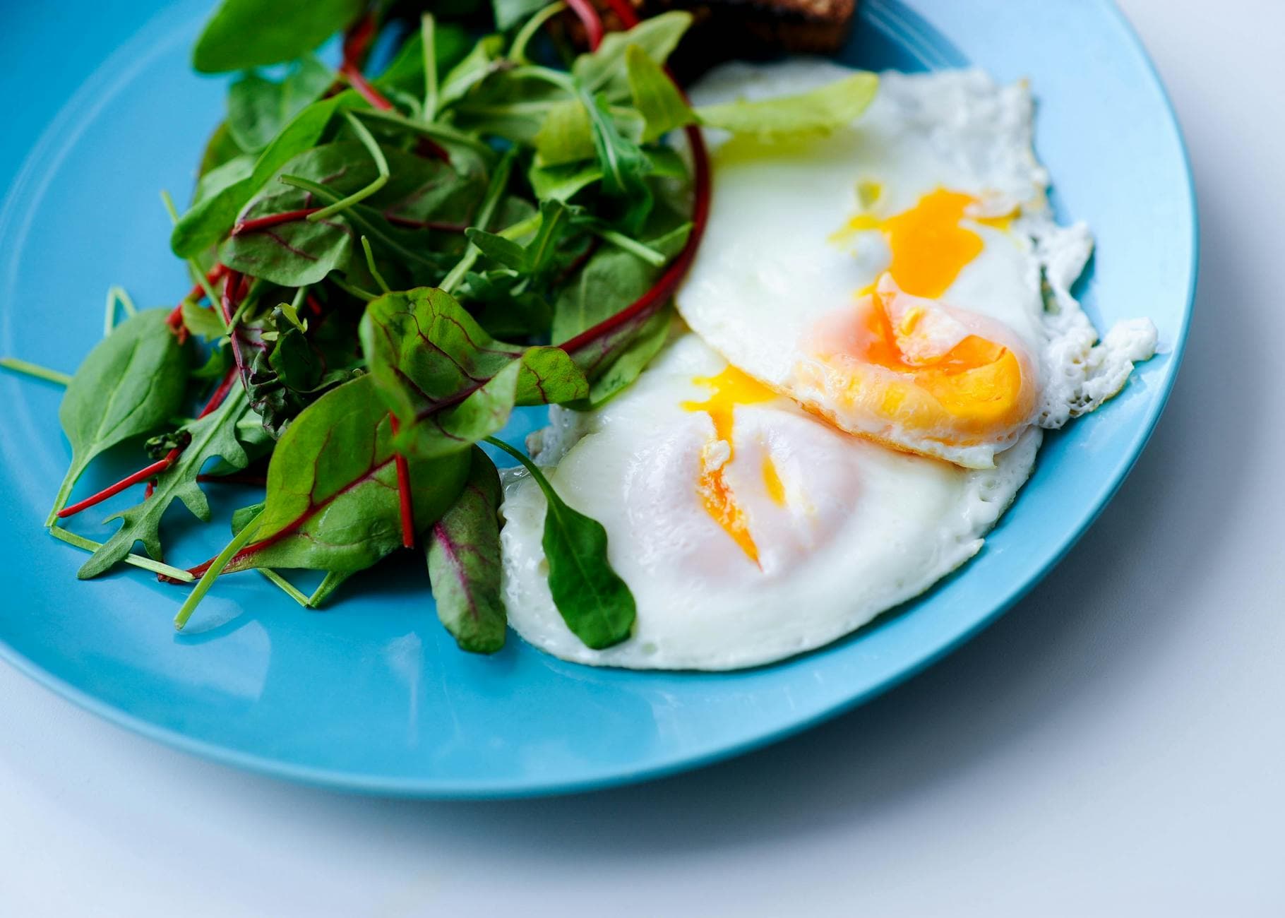 A close-up of a nutritious breakfast with fried eggs and salad greens on a blue plate. - healthy meal plan ideas
