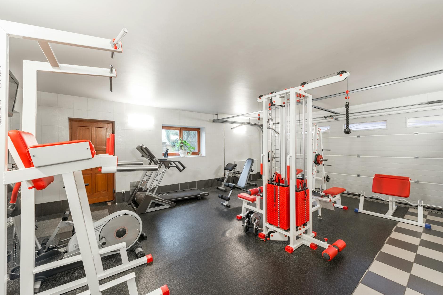 Modern interior design of new spacious fitness gym for home sport training and heavy weightlifting in garage of big house - best treadmill for home