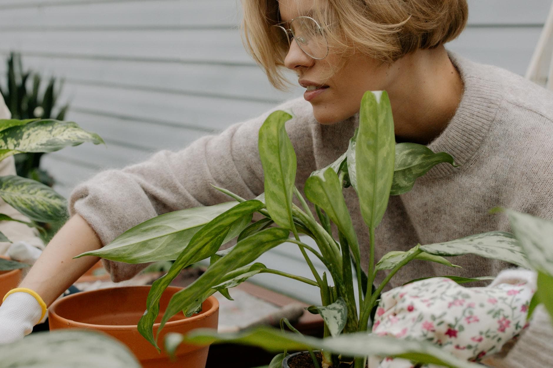 A woman in a cozy sweater nurturing houseplants in an indoor garden setting. - gardening for stress relief