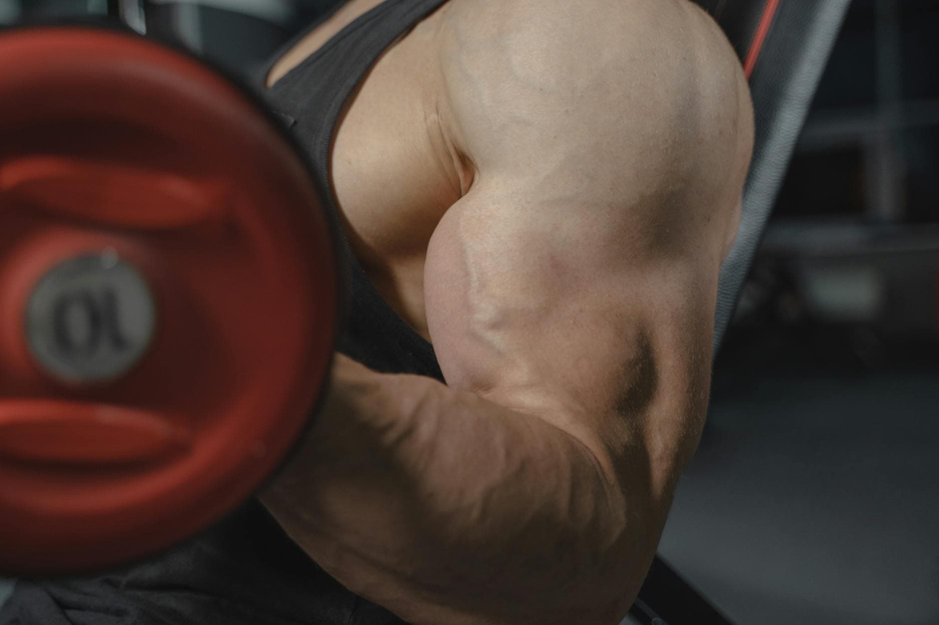 A focused view of a bodybuilder's arm muscles lifting a dumbbell in a gym setting. - muscle building workout plan