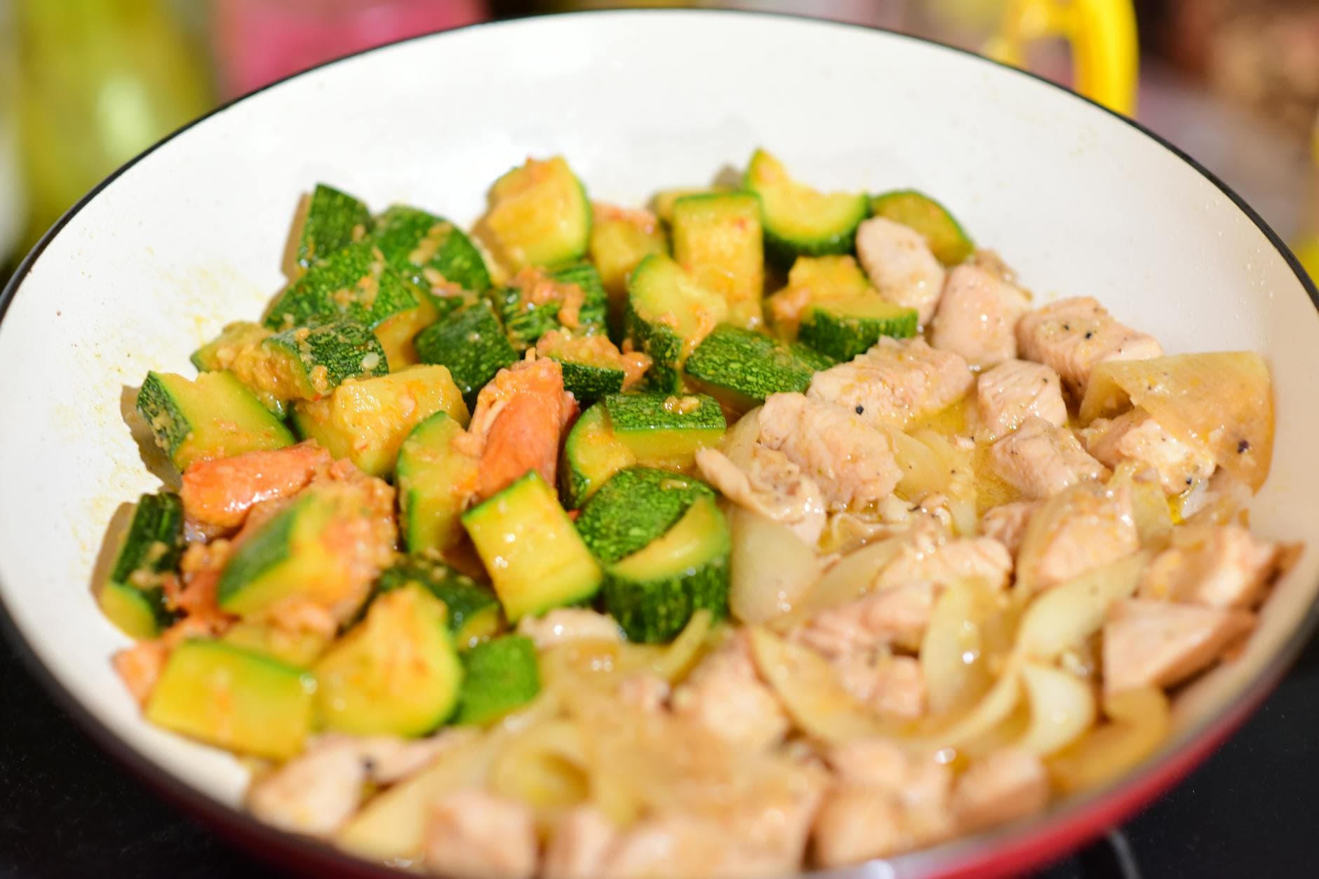 Savory chicken and zucchini stir fry cooked to perfection in a pan. - easy low carb dinners