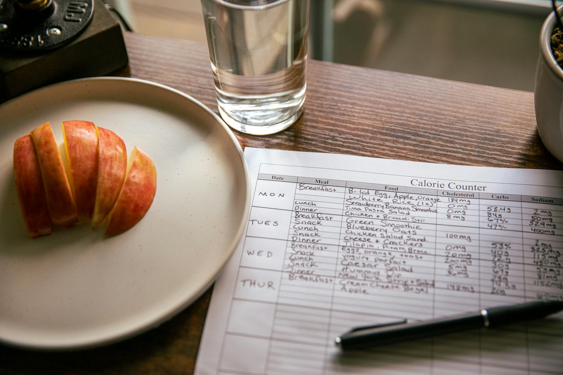A table setup with apple slices, a calorie counting sheet, and a glass of water for a dieting scene. - calorie deficit calculator