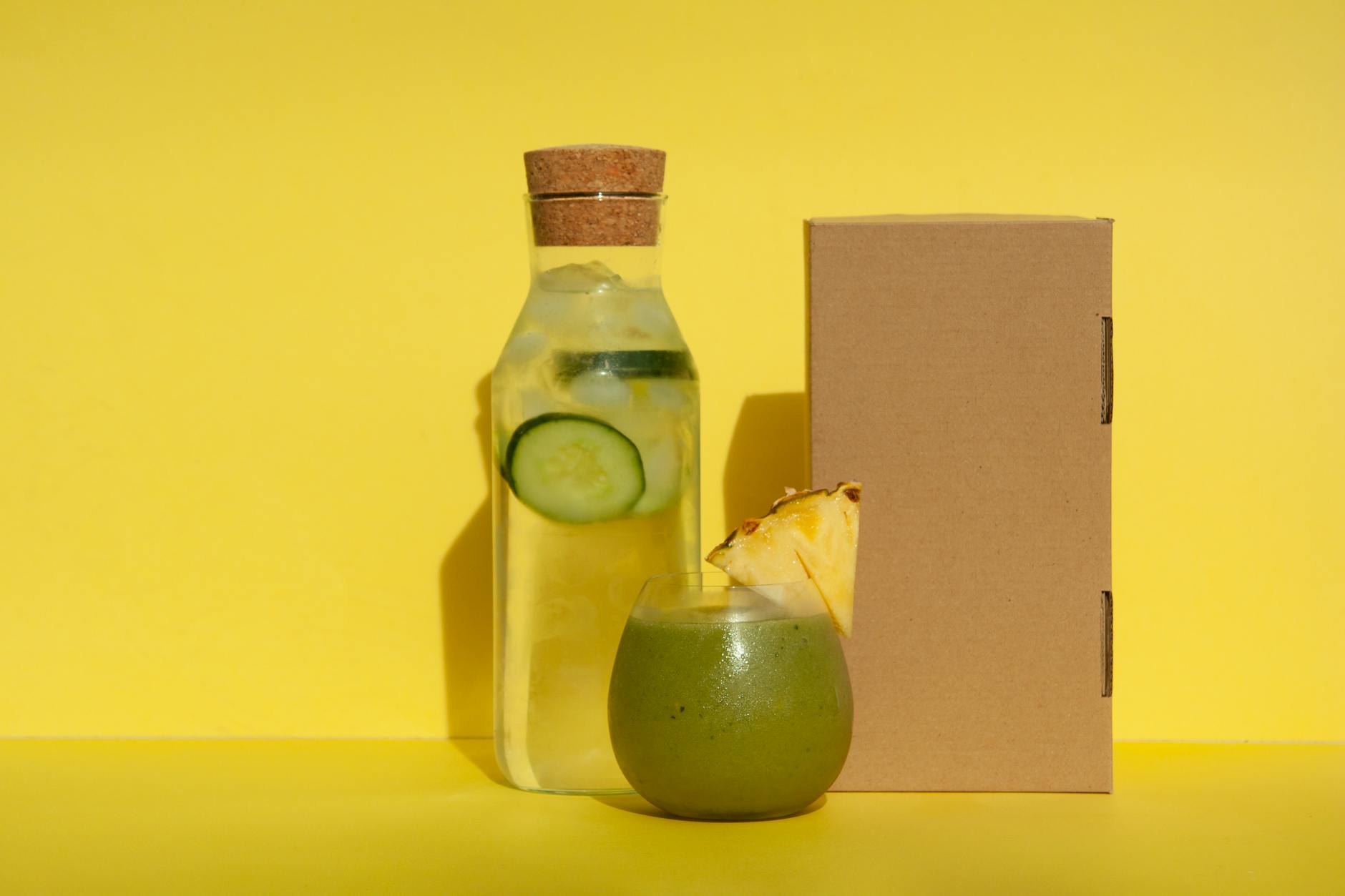 Chilled cucumber and pineapple drink beside a cardboard box on a bright yellow background. - cucumber lemon detox water