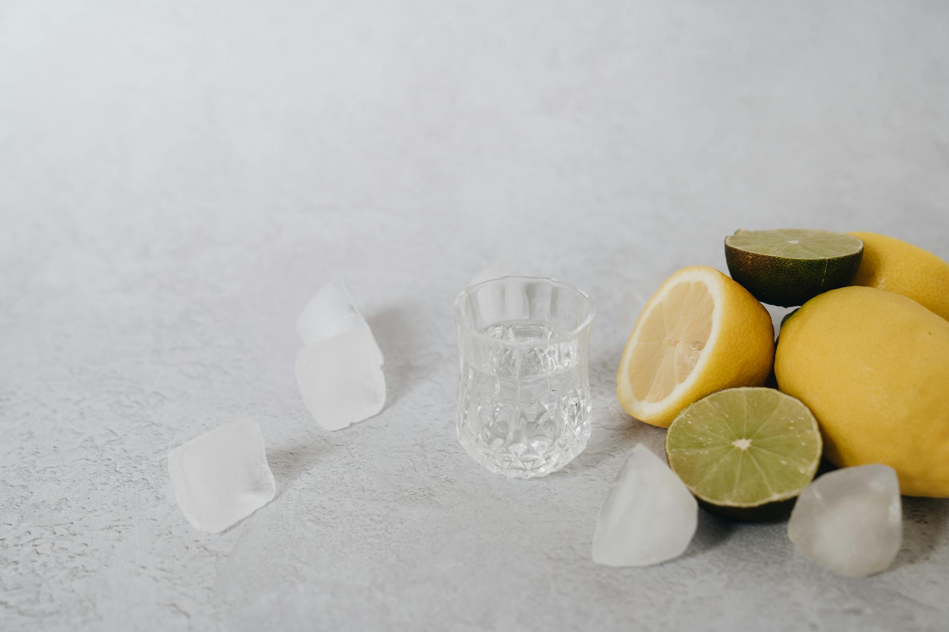 Fresh lemons and limes on a textured surface with ice cubes and a glass of water. - detox water benefits