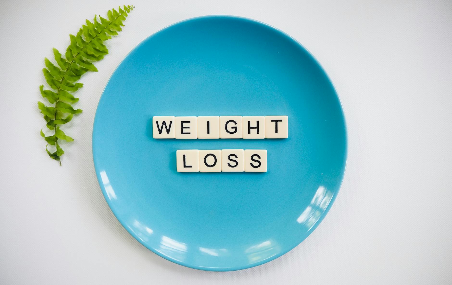 A blue plate with 'weight loss' tiles and a fern leaf on white background. - how to lose weight fast