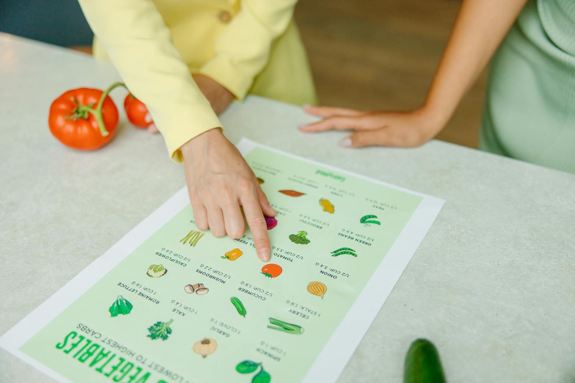 Close-up of hands pointing to a vegetable nutrition chart with fresh tomatoes on the table. - pre workout nutrition guide