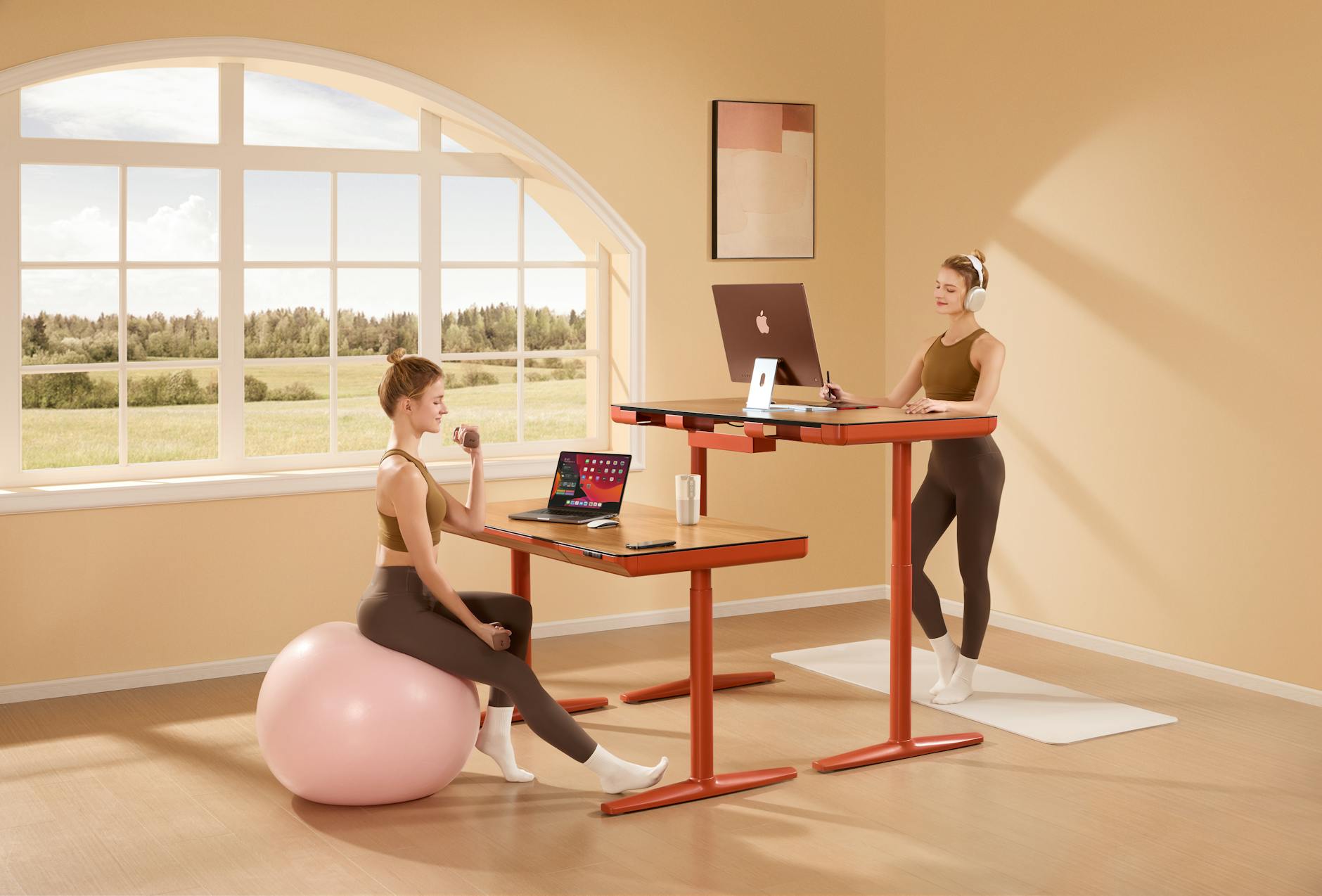 A stylish home office setup with adjustable desks, yoga ball seating, and a serene view. - standing desk exercises
