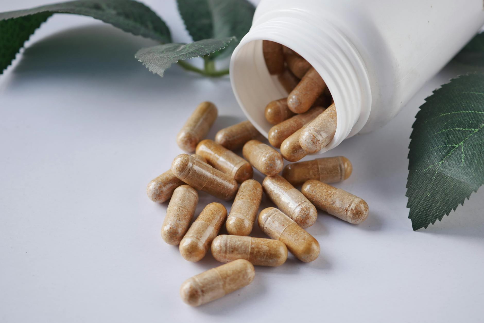 Herbal capsules spilled from a bottle next to green leaves on a clean white surface. - natural health products