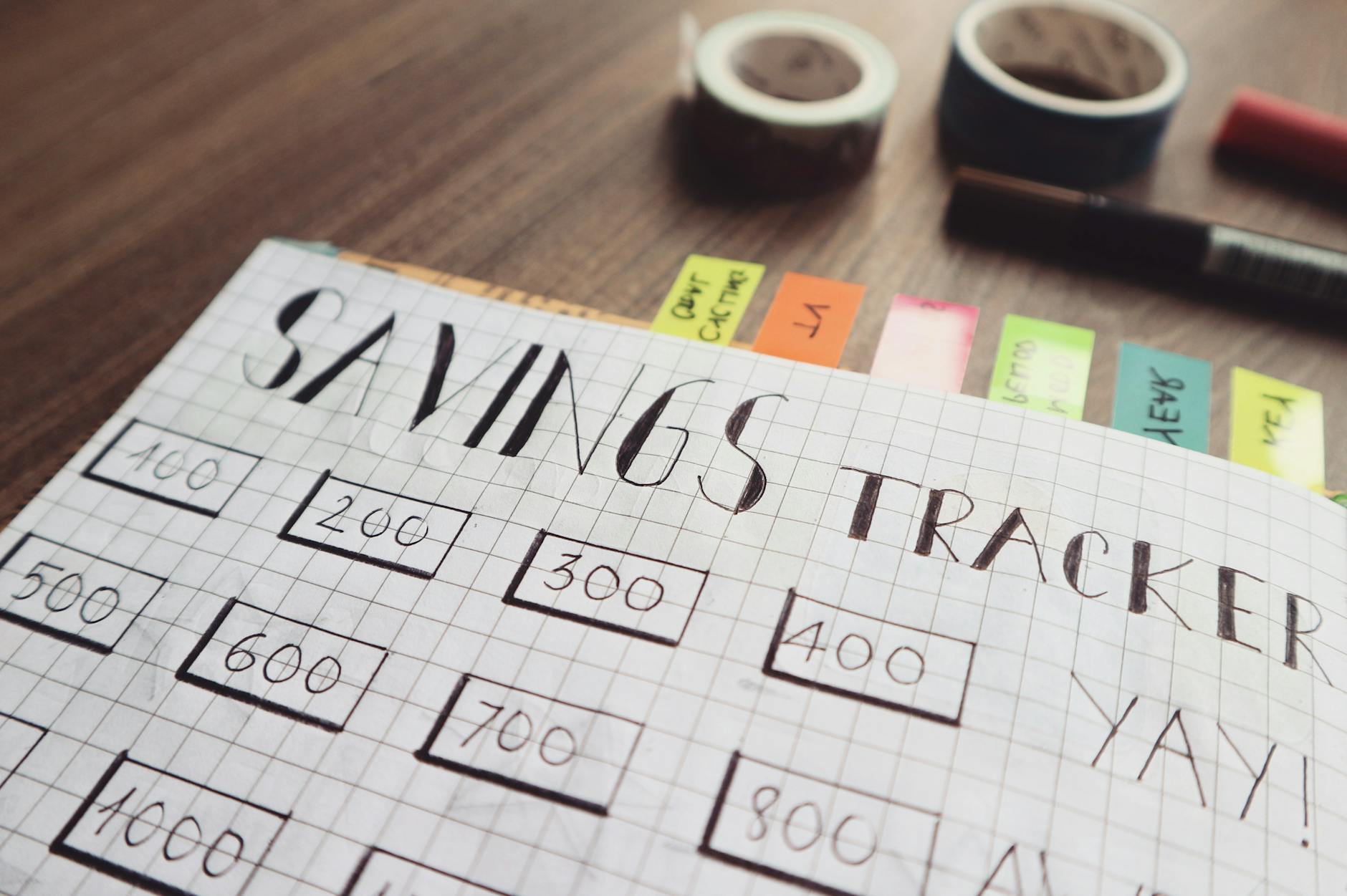 Close-up of a handmade savings tracker with colored tabs on a wooden table, ideal for financial planning visuals. - weekly workout plan
