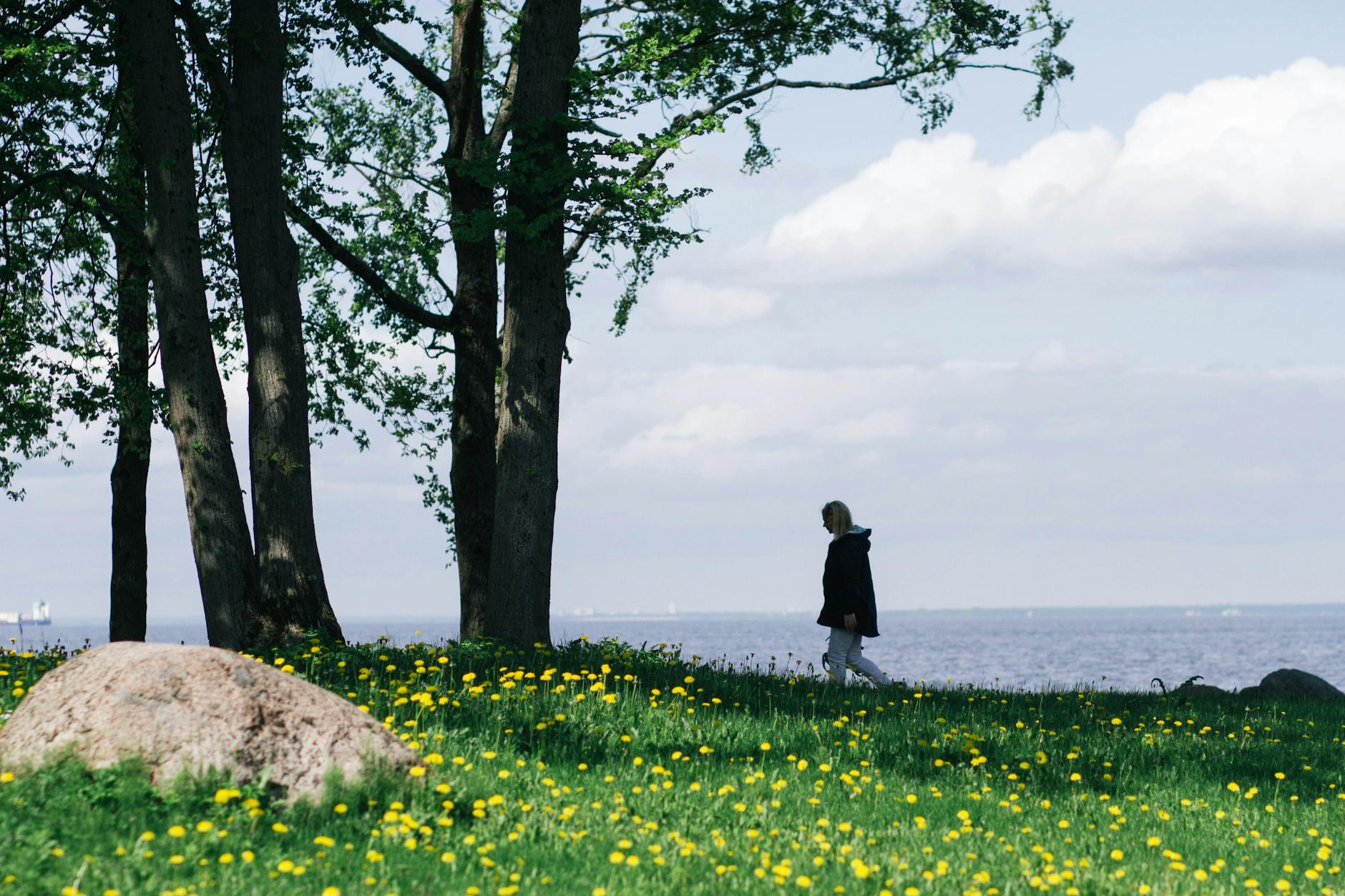 A woman walks along a grassy field by a serene lake under a clear spring sky. - mental clarity spring