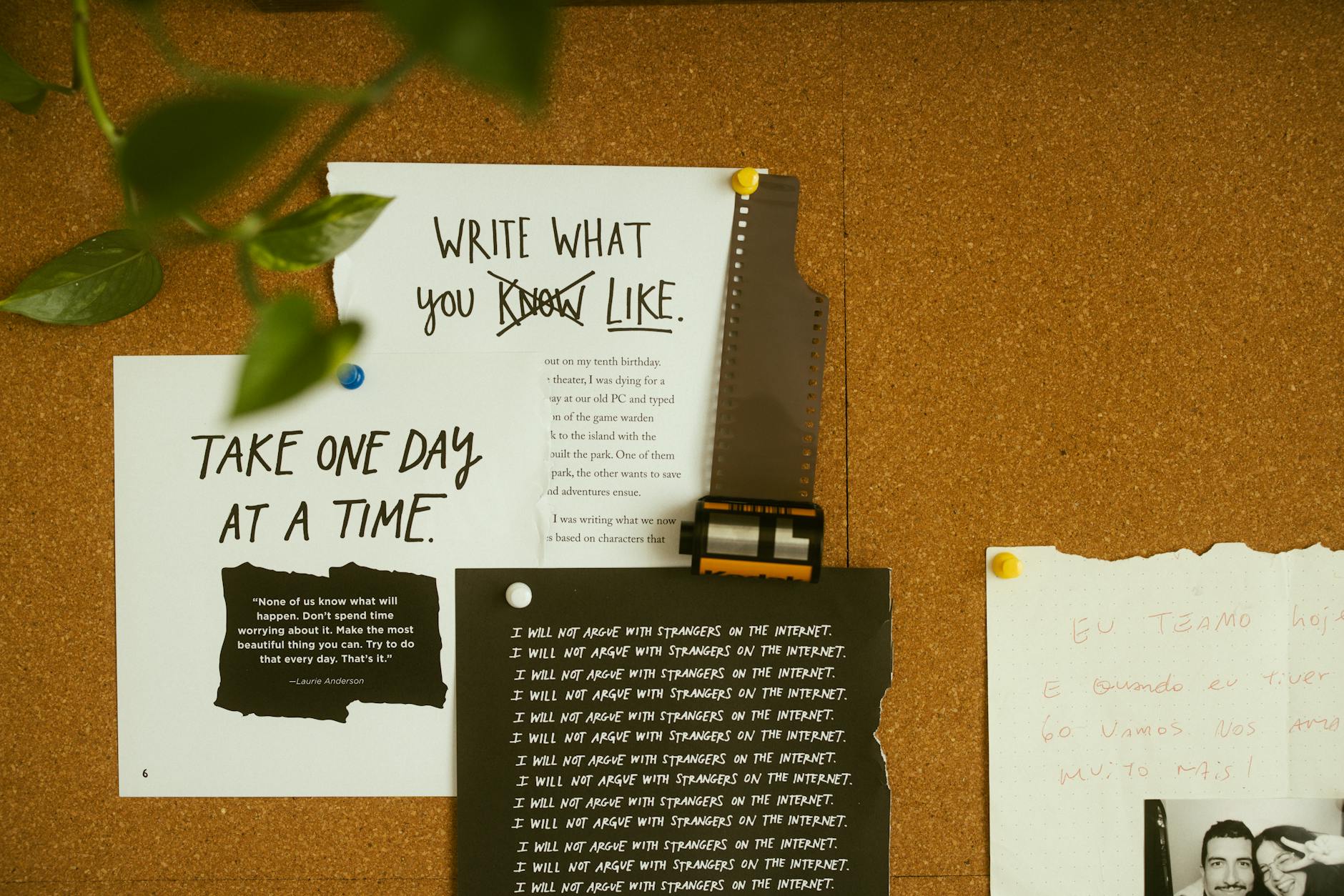 A corkboard with motivational quotes, notes, and film negatives, fostering creativity and reflection. - what is mindfulness
