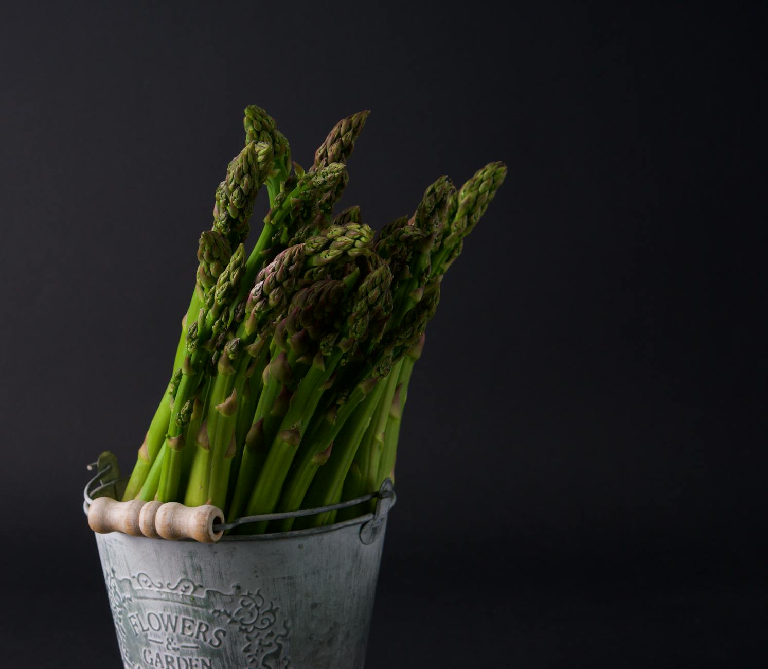 Close-up of fresh green asparagus bunch in a rustic metal bucket against a dark background. - seasonal produce spring