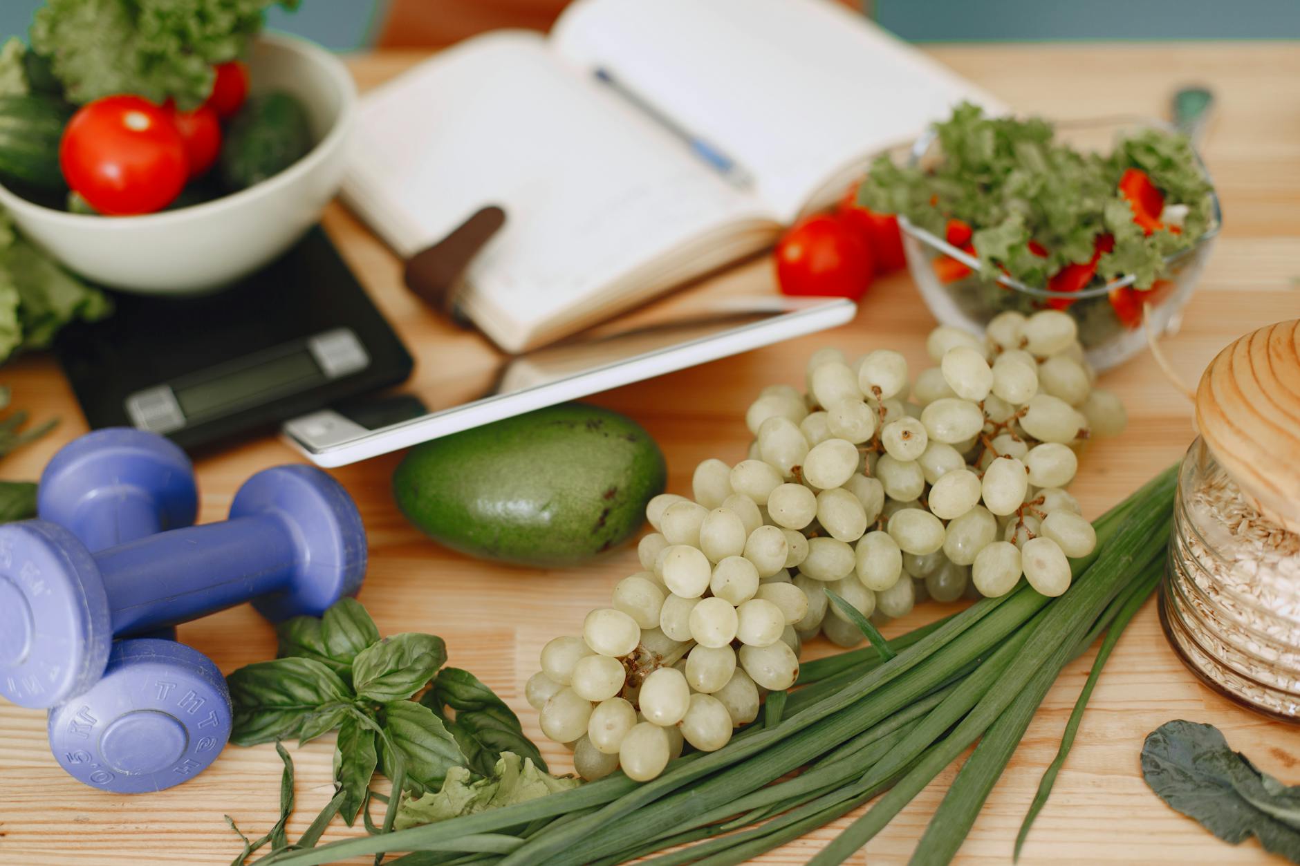 A vibrant composition of fruits, vegetables, and fitness items promoting a healthy lifestyle. - spring nutrition macros
