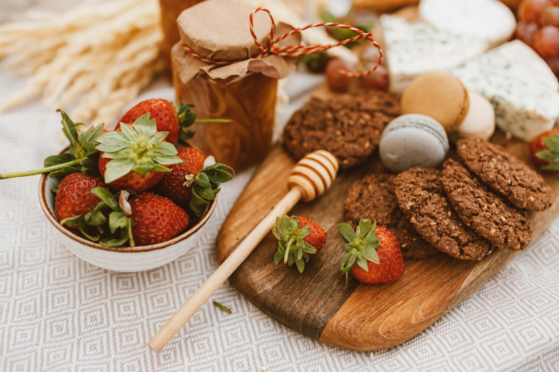 Delicious breakfast spread with fresh strawberries, cookies, and assorted cheeses. - spring sweet cravings